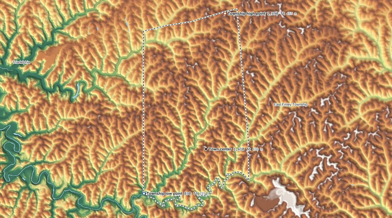 Topographic elevation map of West Finley Township, Pennsylvania, shaded from 830 ft on the southwest side to 1,490 ft on Sampson Hill