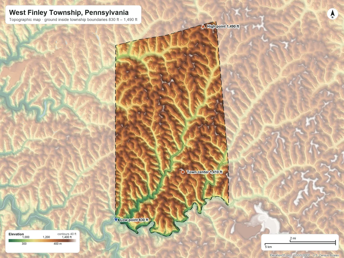 Topographic elevation map of West Finley Township, Pennsylvania, shaded from 830 ft on the southwest side to 1,490 ft on Sampson Hill