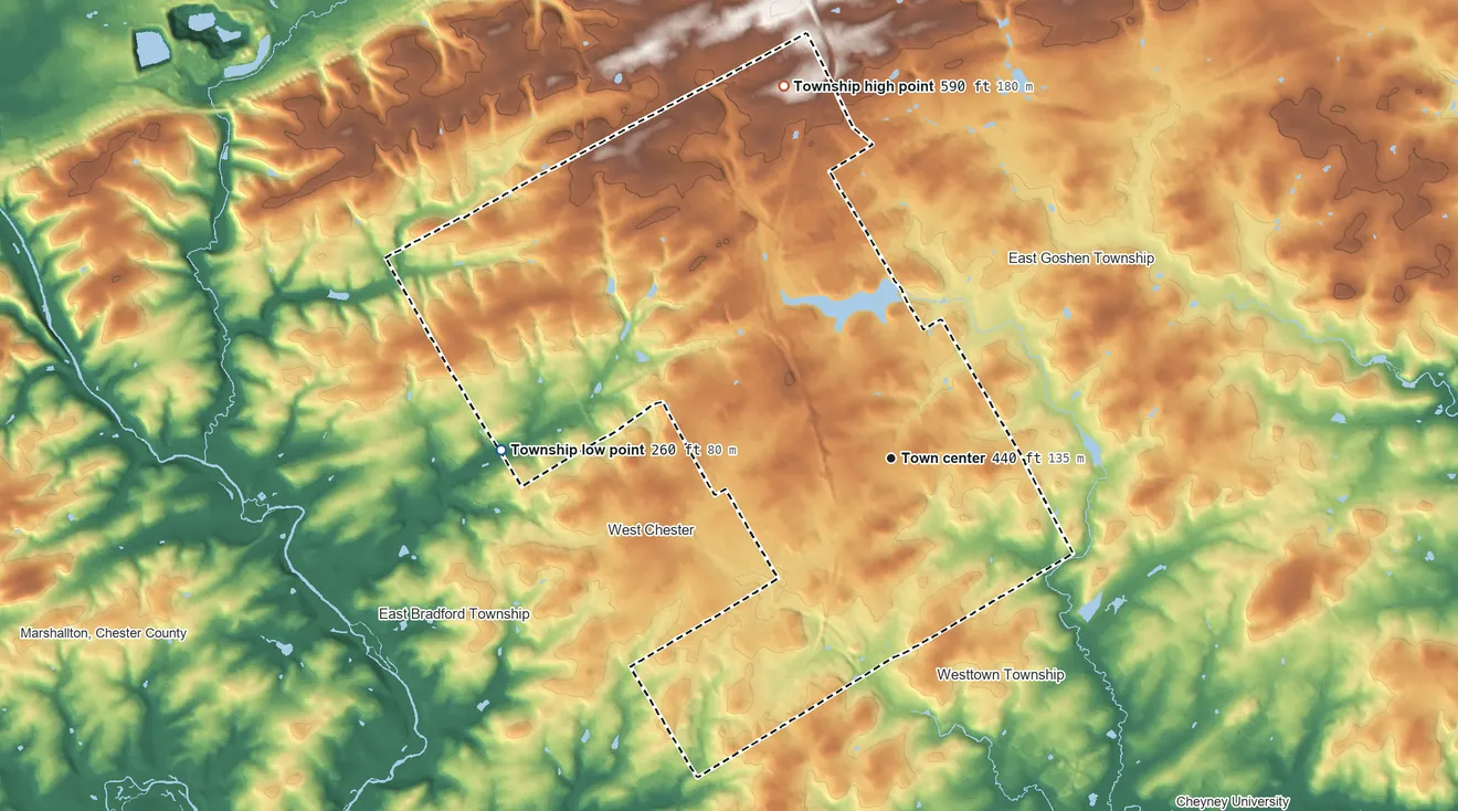 Topographic elevation map of West Goshen Township, Pennsylvania, shaded from 260 ft on the west side to 590 ft on the north side