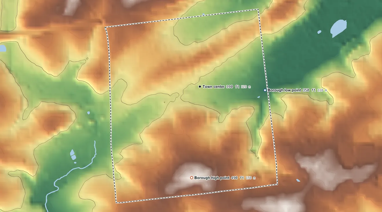 Topographic elevation map of West Grove, Pennsylvania, shaded from 350 ft on the east side to 490 ft on the south side