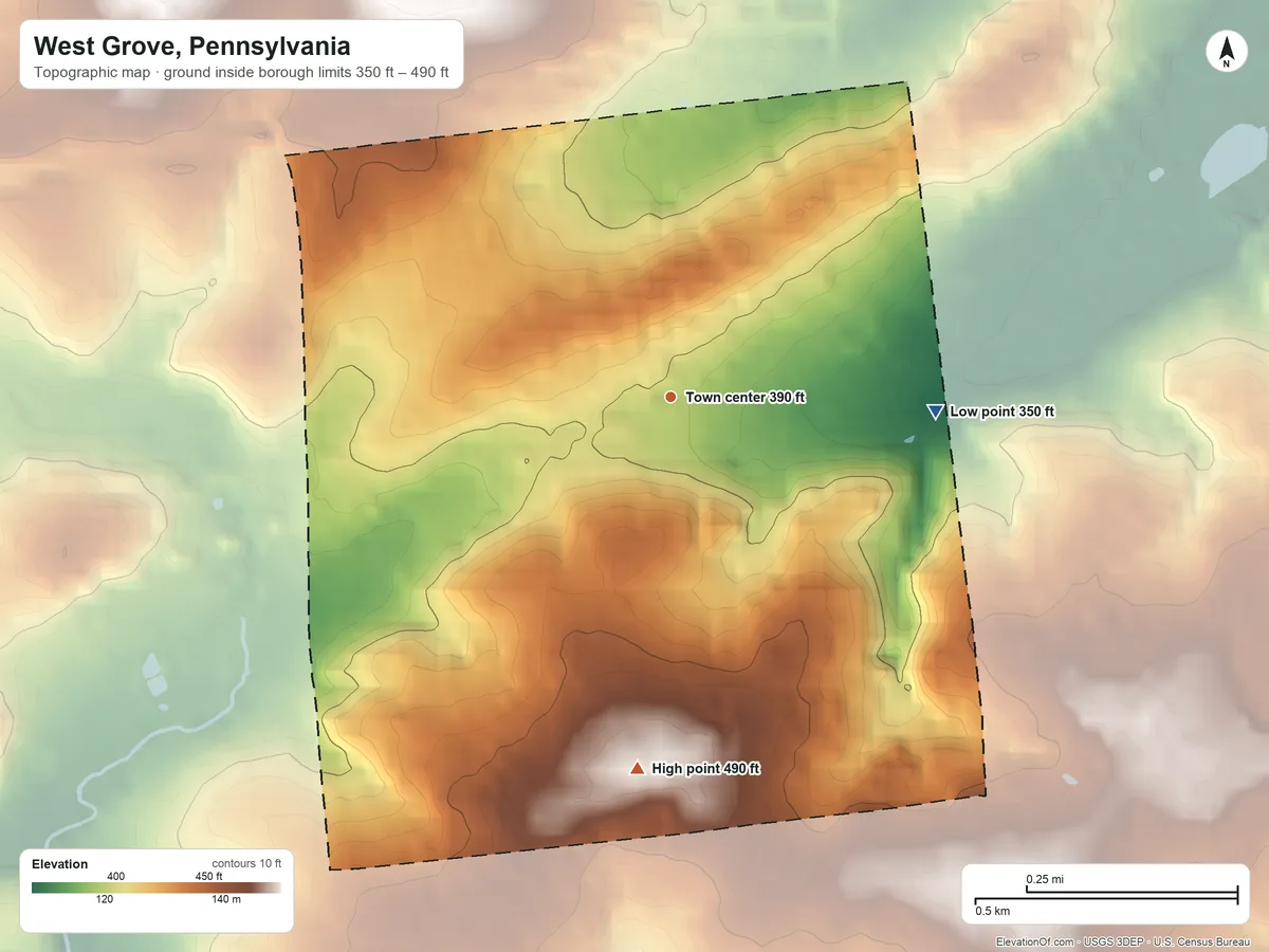 Topographic elevation map of West Grove, Pennsylvania, shaded from 350 ft on the east side to 490 ft on the south side