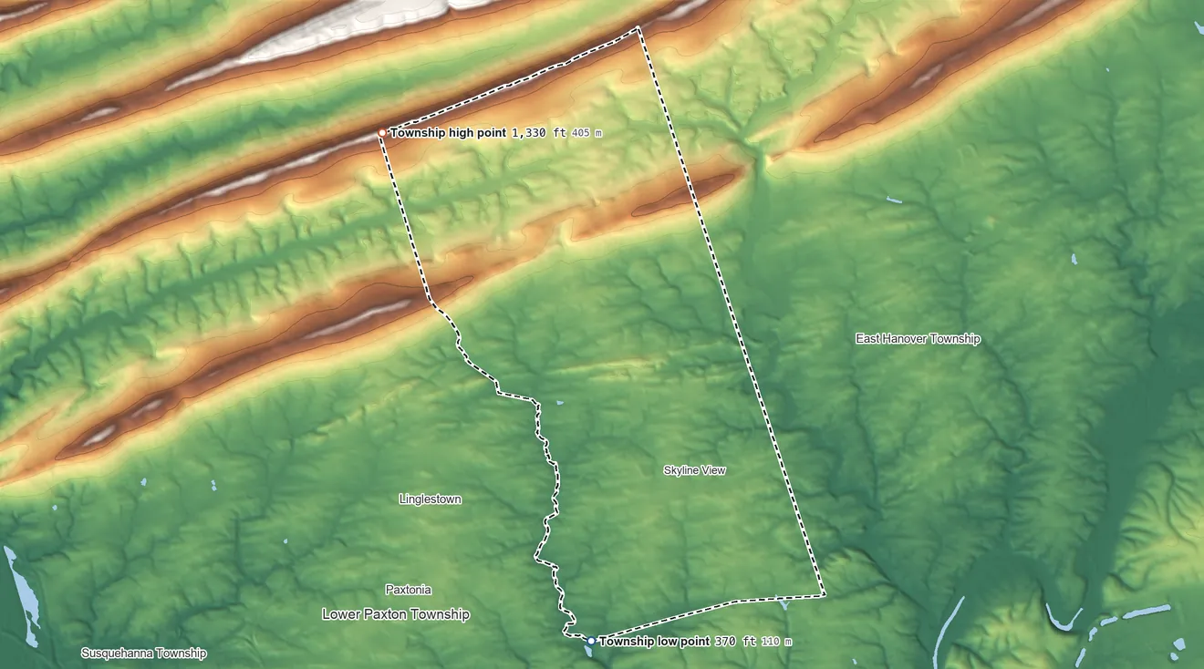 Topographic elevation map of West Hanover Township, Pennsylvania, shaded from 370 ft on the south side to 1,330 ft on the northwest side