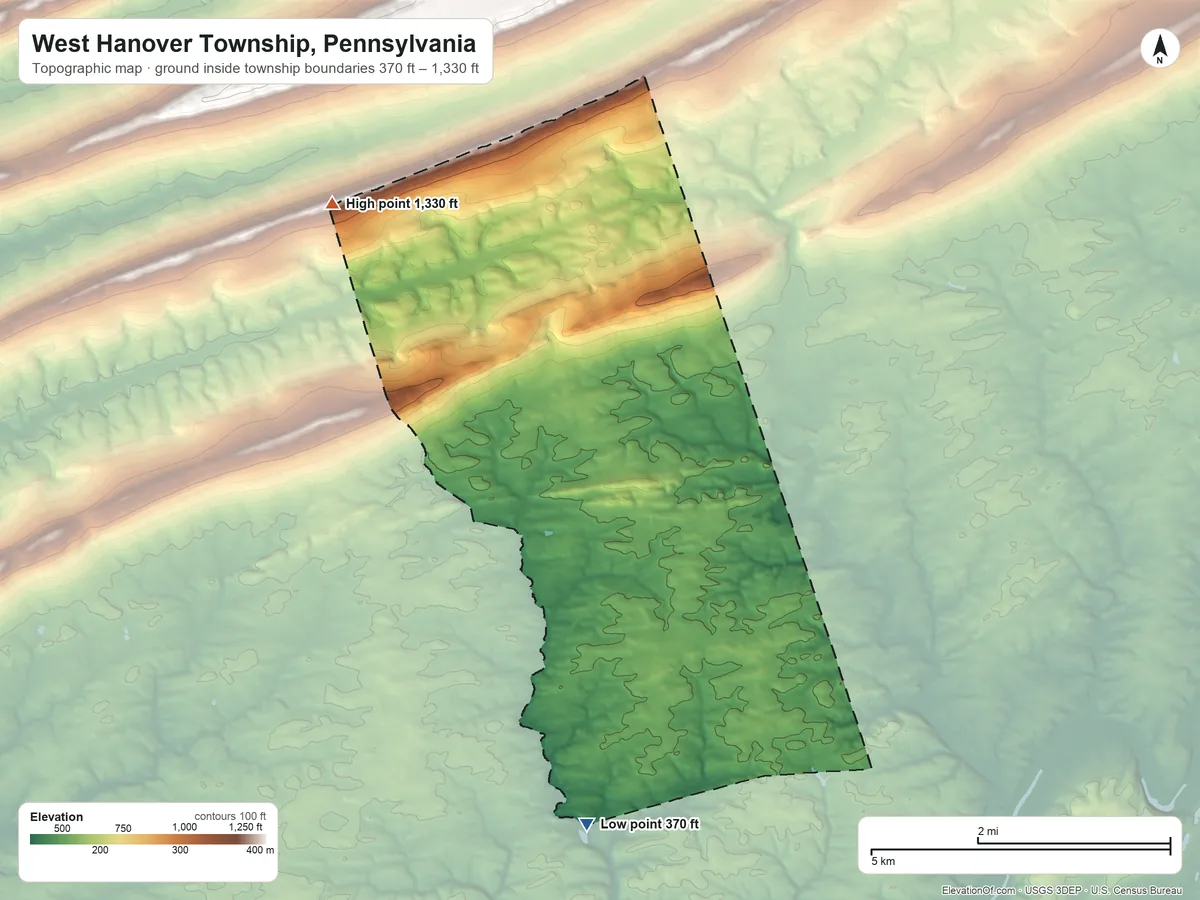 Topographic elevation map of West Hanover Township, Pennsylvania, shaded from 370 ft on the south side to 1,330 ft on the northwest side