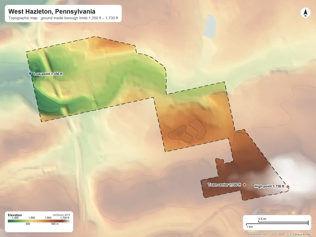 Topographic elevation map of West Hazleton, Pennsylvania, shaded from 1,350 ft on the northwest side to 1,730 ft on the east side