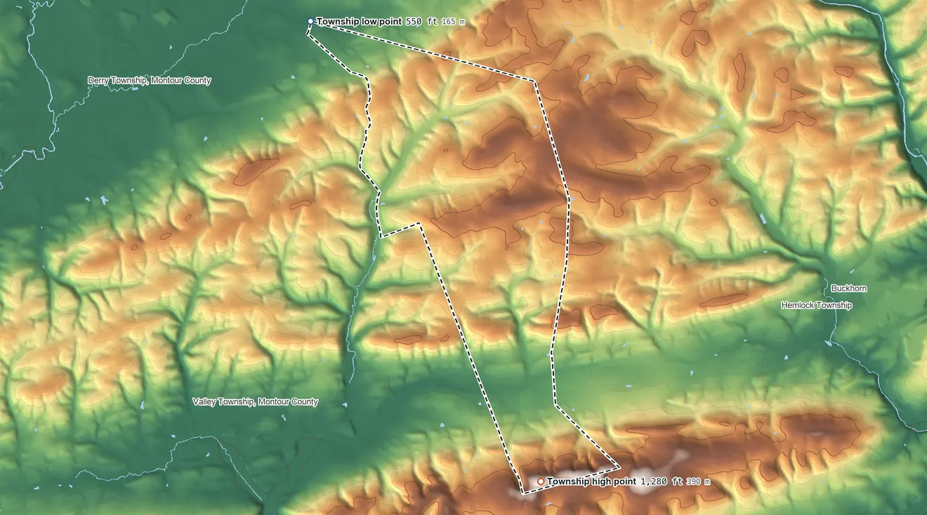 Topographic elevation map of West Hemlock Township, Pennsylvania, shaded from 550 ft on the northwest side to 1,280 ft on the south side