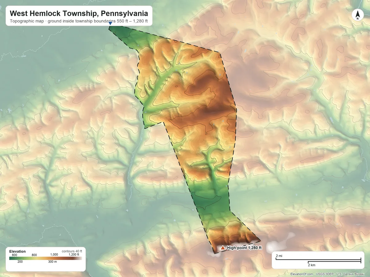 Topographic elevation map of West Hemlock Township, Pennsylvania, shaded from 550 ft on the northwest side to 1,280 ft on the south side