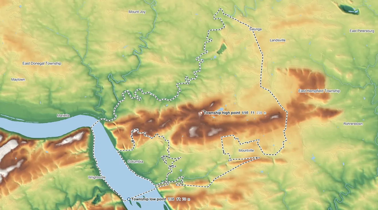 Topographic elevation map of West Hempfield Township, Pennsylvania, shaded from 230 ft on the southwest side to 690 ft near the middle