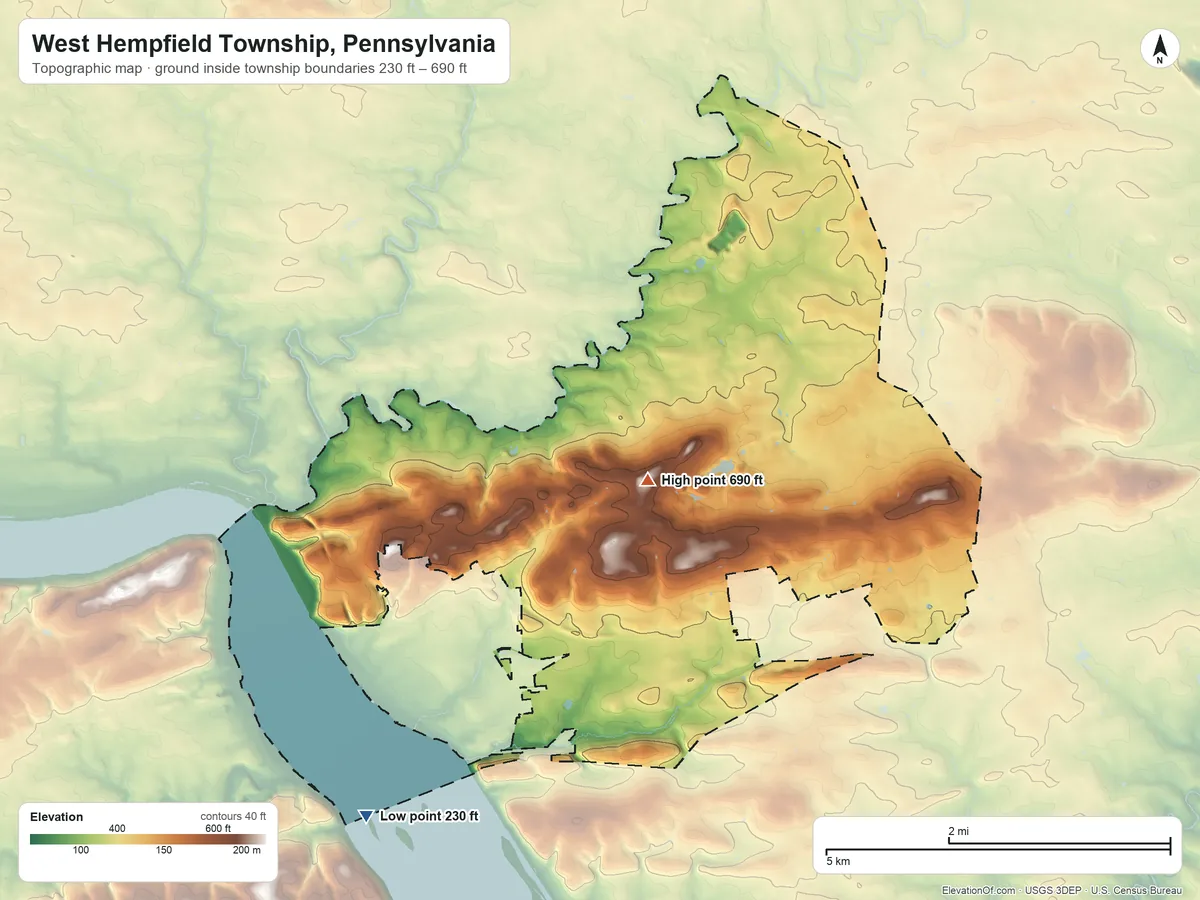 Topographic elevation map of West Hempfield Township, Pennsylvania, shaded from 230 ft on the southwest side to 690 ft near the middle