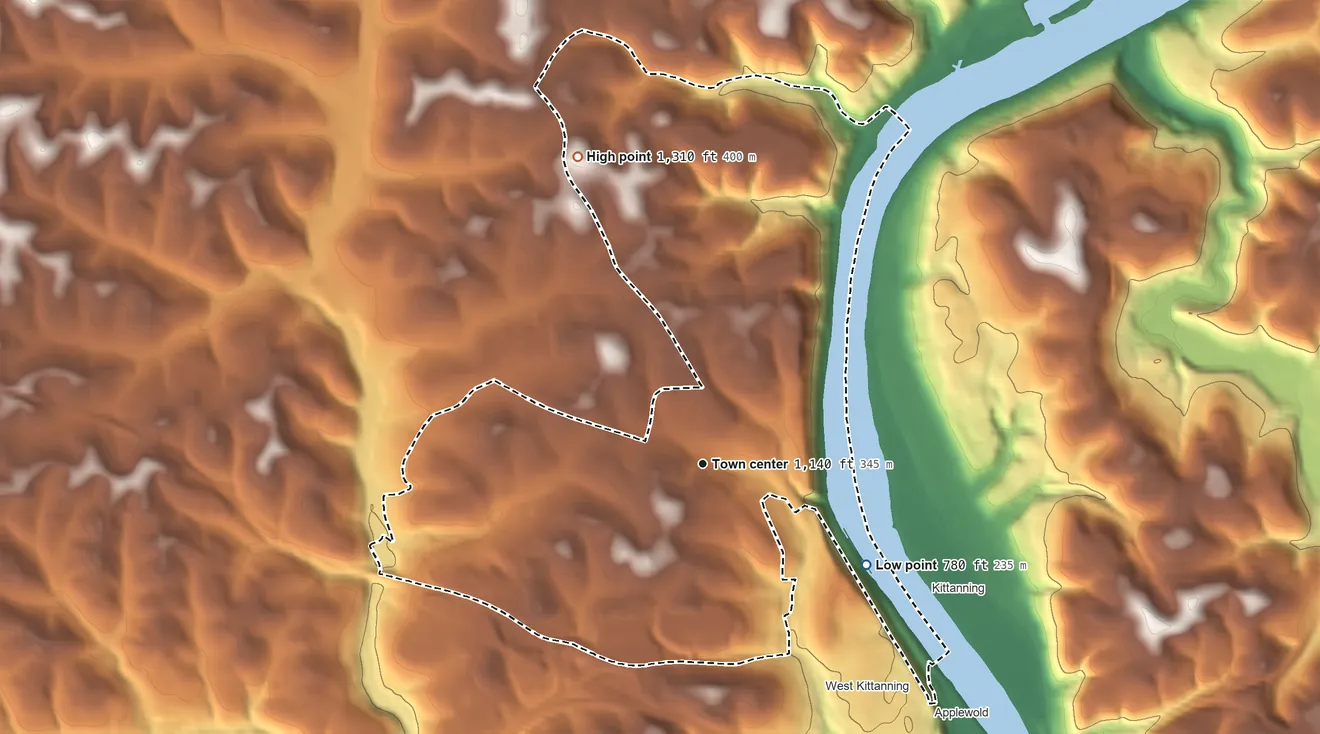 Topographic elevation map of West Hills, Pennsylvania, shaded from 780 ft on the southeast side to 1,310 ft on the north side