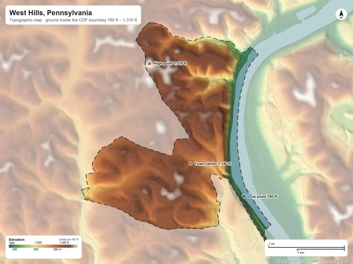 Topographic elevation map of West Hills, Pennsylvania, shaded from 780 ft on the southeast side to 1,310 ft on the north side