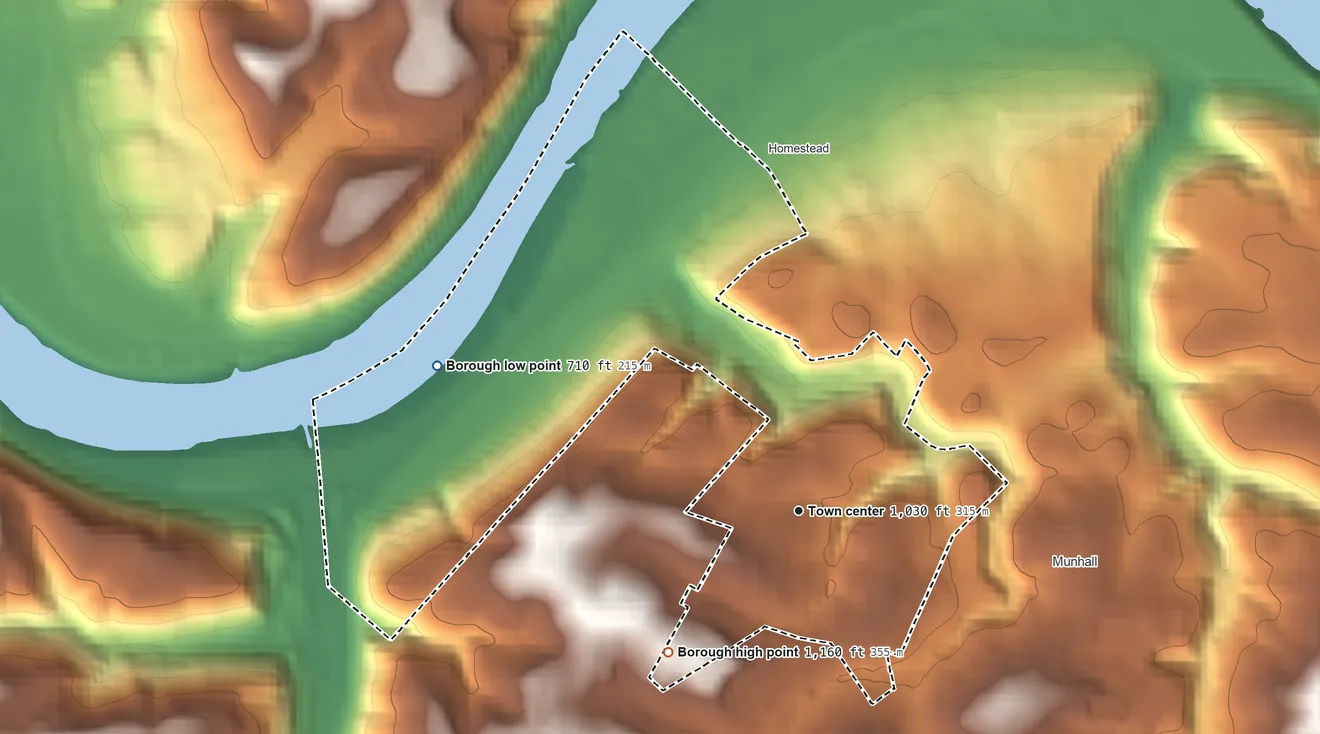 Topographic elevation map of West Homestead, Pennsylvania, shaded from 710 ft on the west side to 1,160 ft on the southwest side