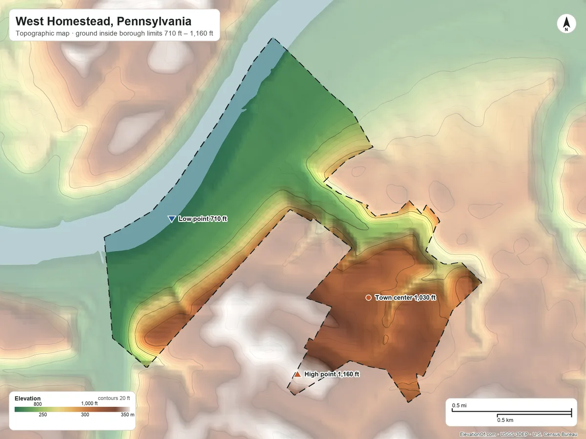 Topographic elevation map of West Homestead, Pennsylvania, shaded from 710 ft on the west side to 1,160 ft on the southwest side