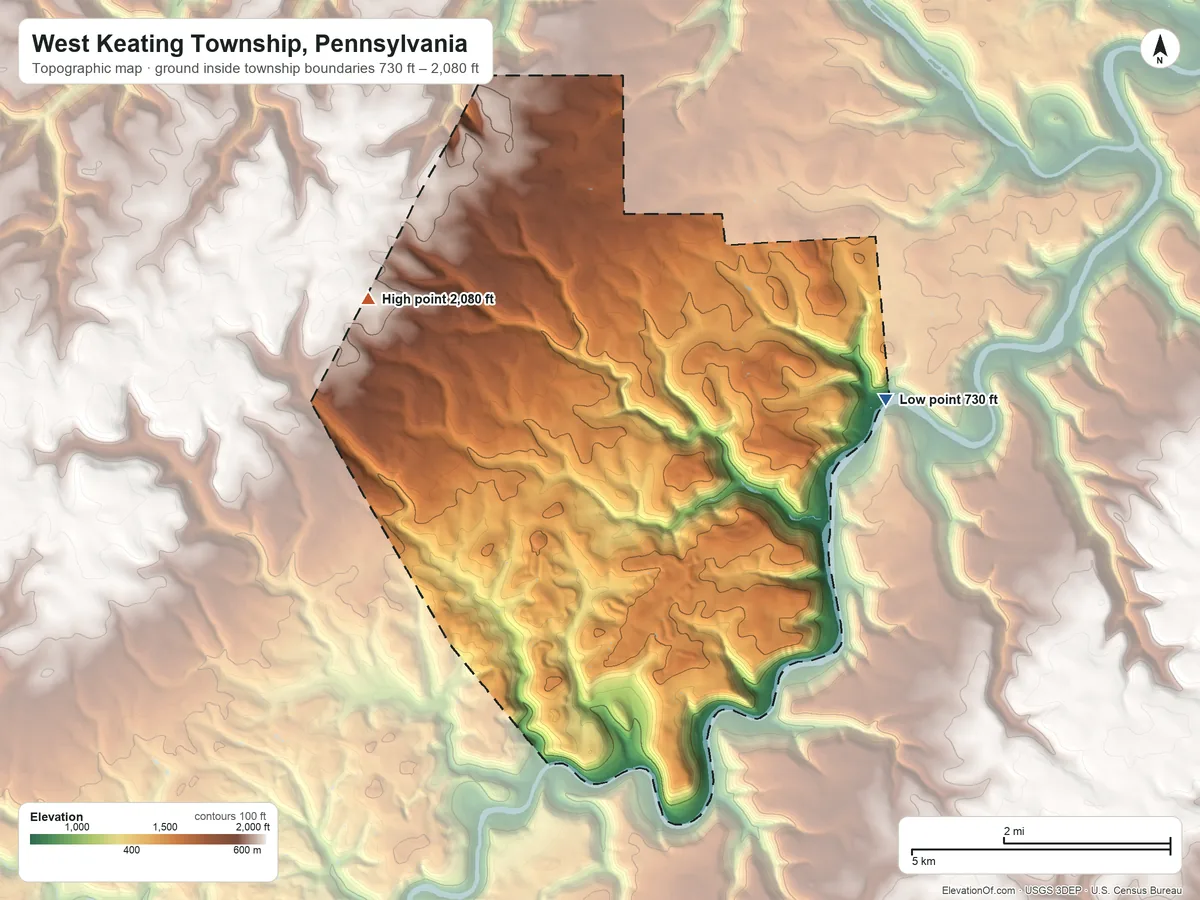 Topographic elevation map of West Keating Township, Pennsylvania, shaded from 730 ft on the northeast side to 2,080 ft on the northwest side