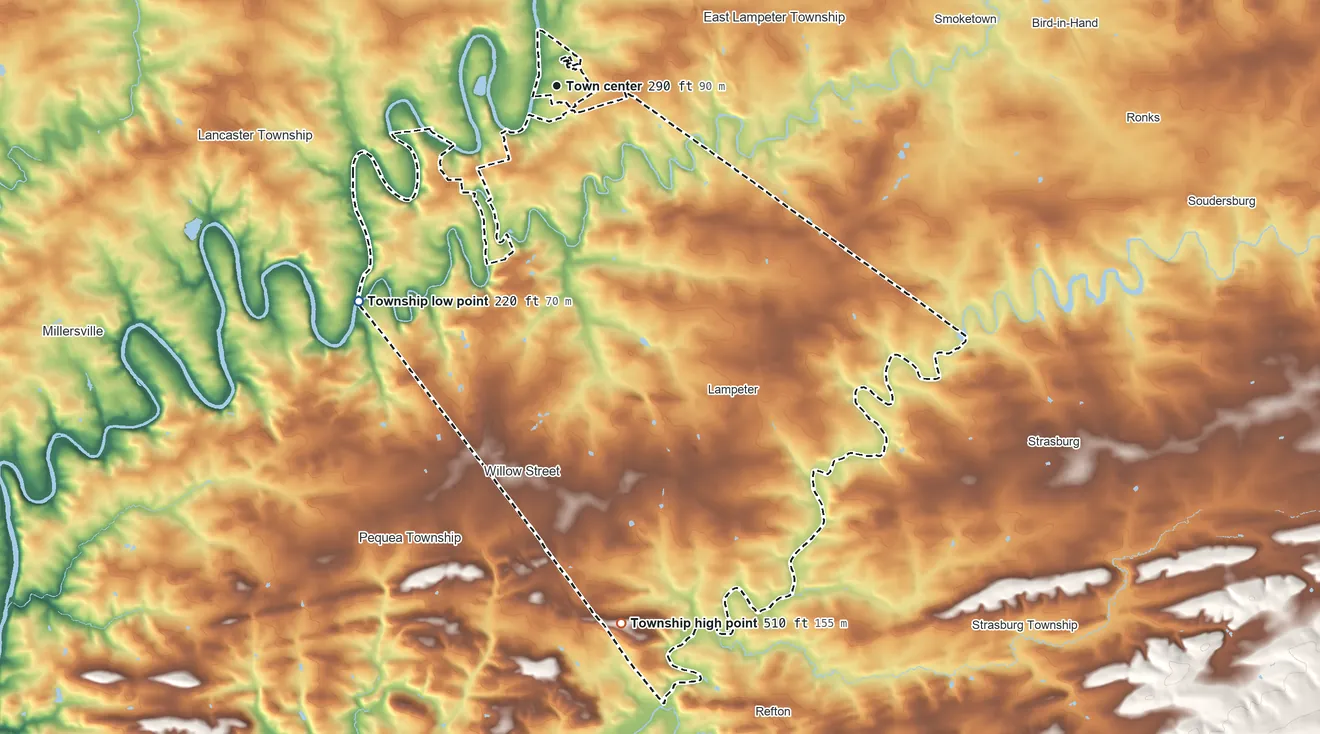 Topographic elevation map of West Lampeter Township, Pennsylvania, shaded from 220 ft on the southwest side to 510 ft on the south side