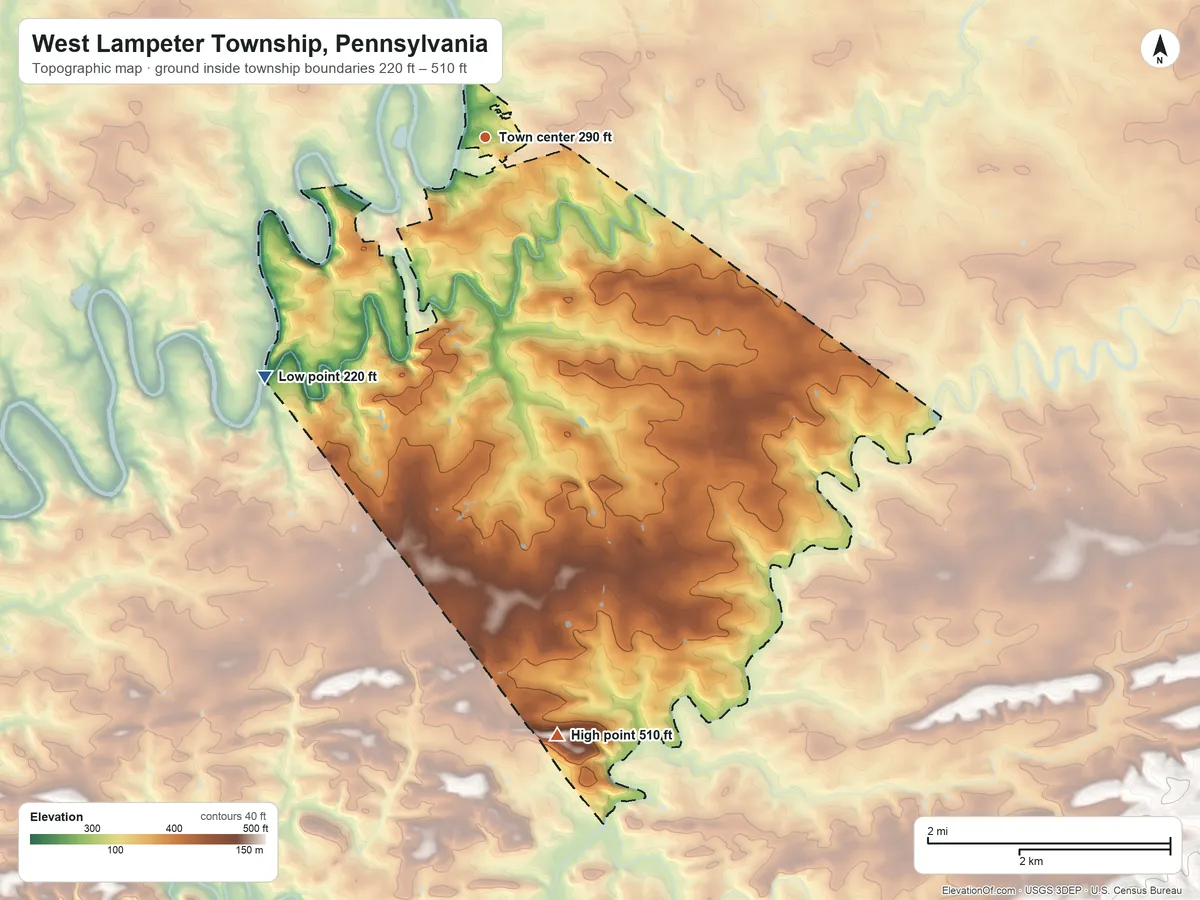 Topographic elevation map of West Lampeter Township, Pennsylvania, shaded from 220 ft on the southwest side to 510 ft on the south side