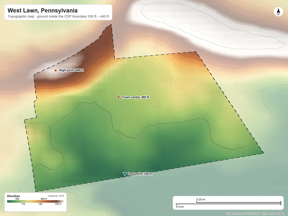 Topographic elevation map of West Lawn, Pennsylvania, shaded from 330 ft on the south side to 440 ft on the northwest side