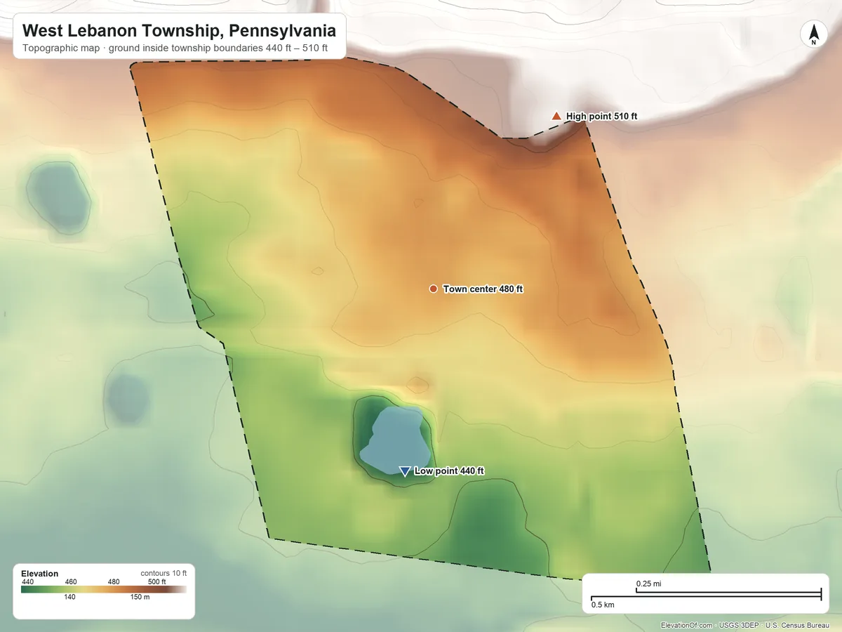 Topographic elevation map of West Lebanon Township, Pennsylvania, shaded from 440 ft on the south side to 510 ft on the northeast side