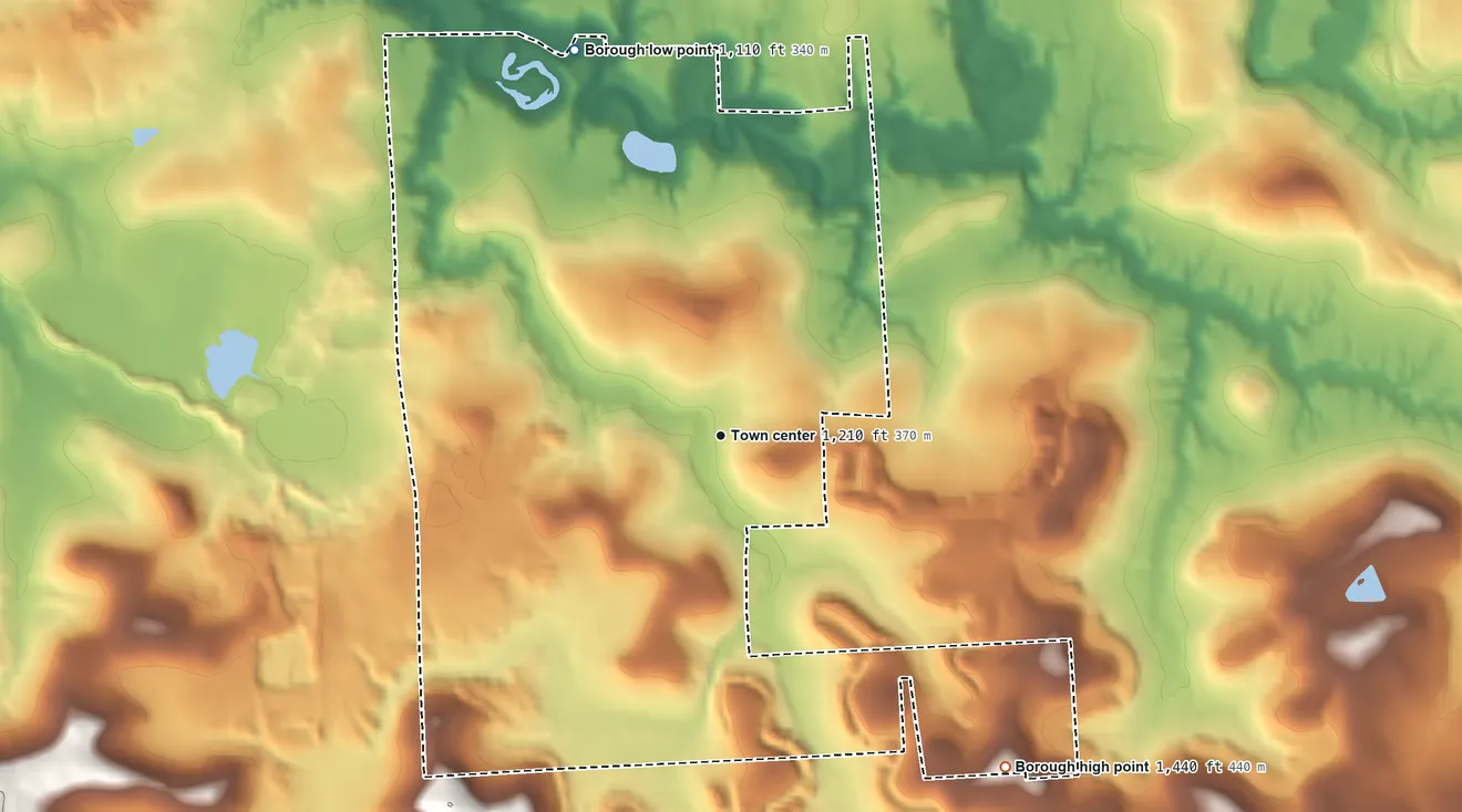 Topographic elevation map of West Liberty, Pennsylvania, shaded from 1,110 ft on the north side to 1,440 ft on the southeast side