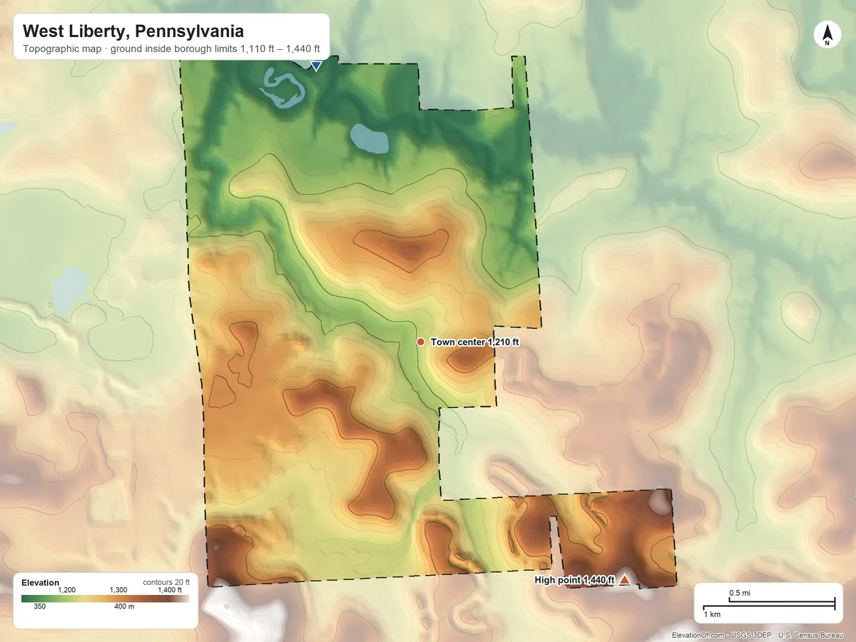 Topographic elevation map of West Liberty, Pennsylvania, shaded from 1,110 ft on the north side to 1,440 ft on the southeast side