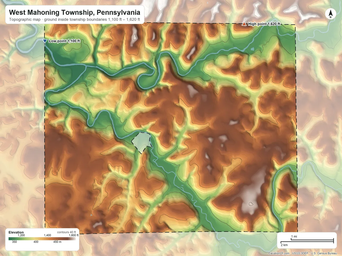 Topographic elevation map of West Mahoning Township, Pennsylvania, shaded from 1,100 ft on the northwest side to 1,620 ft on the northeast side