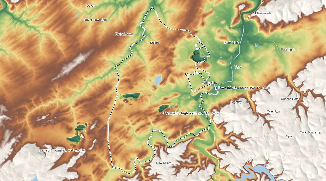 Topographic elevation map of West Manchester Township, Pennsylvania, shaded from 350 ft on the east side to 570 ft on the south side