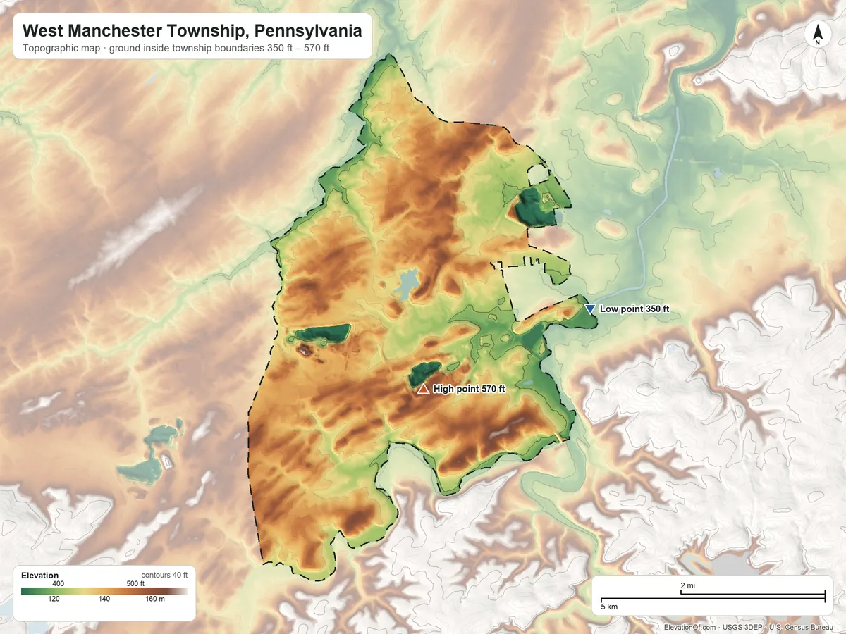 Topographic elevation map of West Manchester Township, Pennsylvania, shaded from 350 ft on the east side to 570 ft on the south side