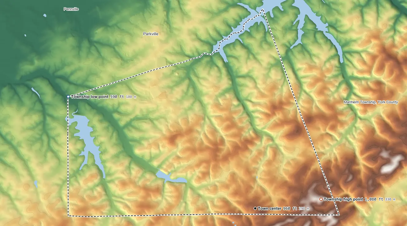 Topographic elevation map of West Manheim Township, Pennsylvania, shaded from 590 ft on the northwest side to 1,080 ft on the east side