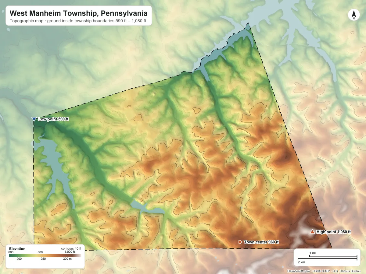 Topographic elevation map of West Manheim Township, Pennsylvania, shaded from 590 ft on the northwest side to 1,080 ft on the east side