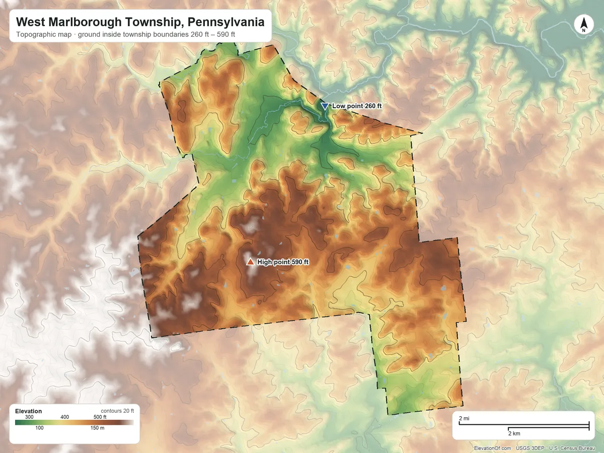 Topographic elevation map of West Marlborough Township, Pennsylvania, shaded from 260 ft on the north side to 590 ft on the southwest side
