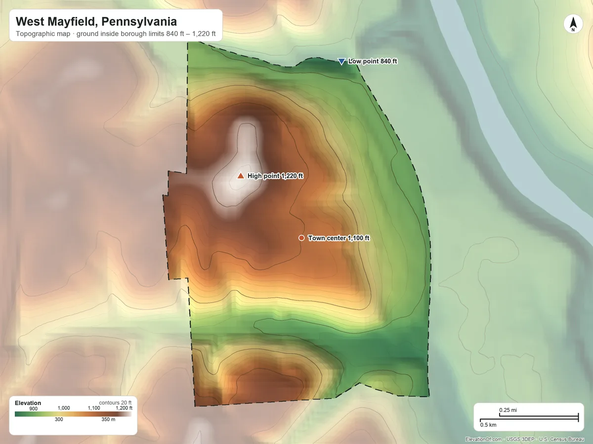 Topographic elevation map of West Mayfield, Pennsylvania, shaded from 840 ft on the north side to 1,220 ft on the northwest side
