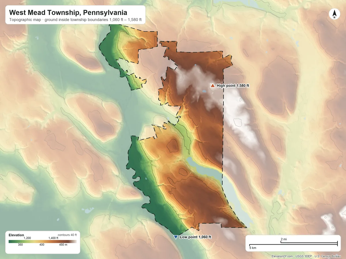 Topographic elevation map of West Mead Township, Pennsylvania, shaded from 1,060 ft on the south side to 1,580 ft on the northeast side