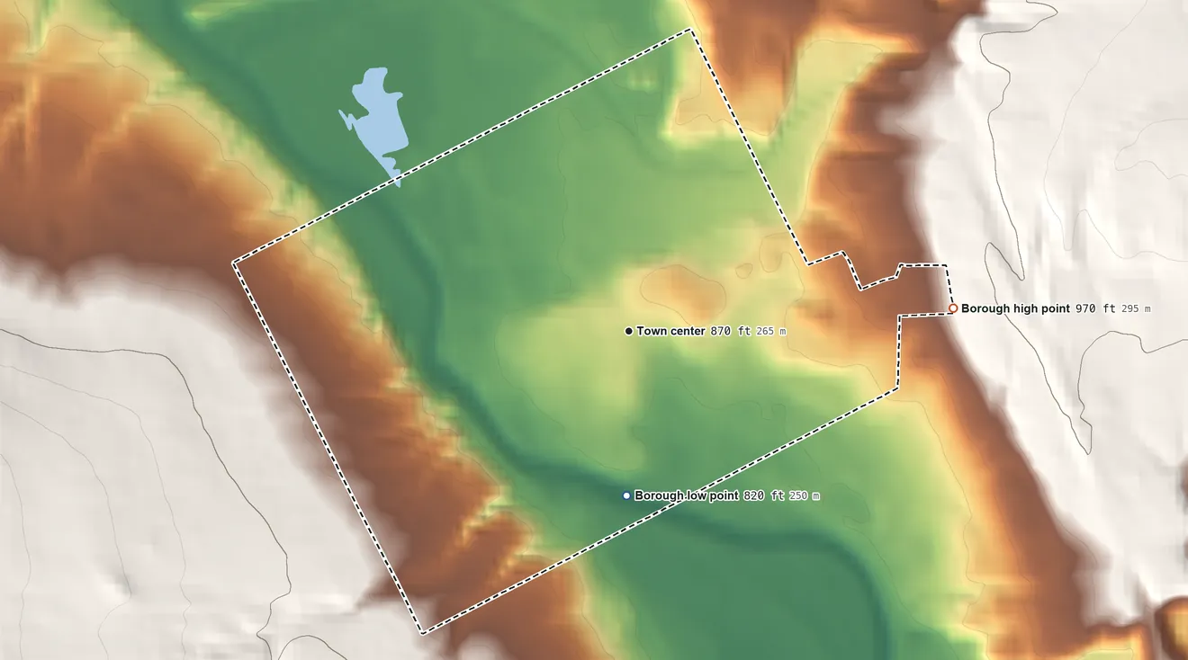Topographic elevation map of West Middlesex, Pennsylvania, shaded from 820 ft on the south side to 970 ft on the east side