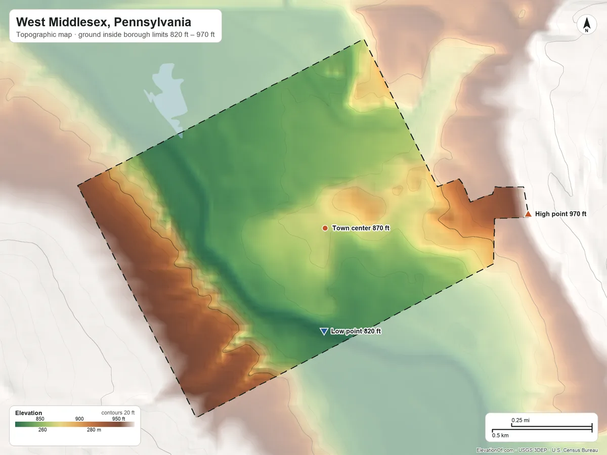 Topographic elevation map of West Middlesex, Pennsylvania, shaded from 820 ft on the south side to 970 ft on the east side