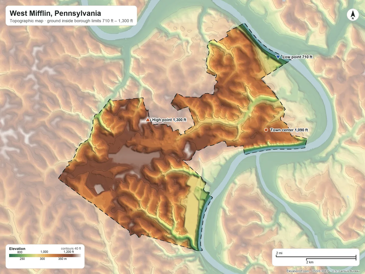 Topographic elevation map of West Mifflin, Pennsylvania, shaded from 710 ft on the north side to 1,300 ft on the west side