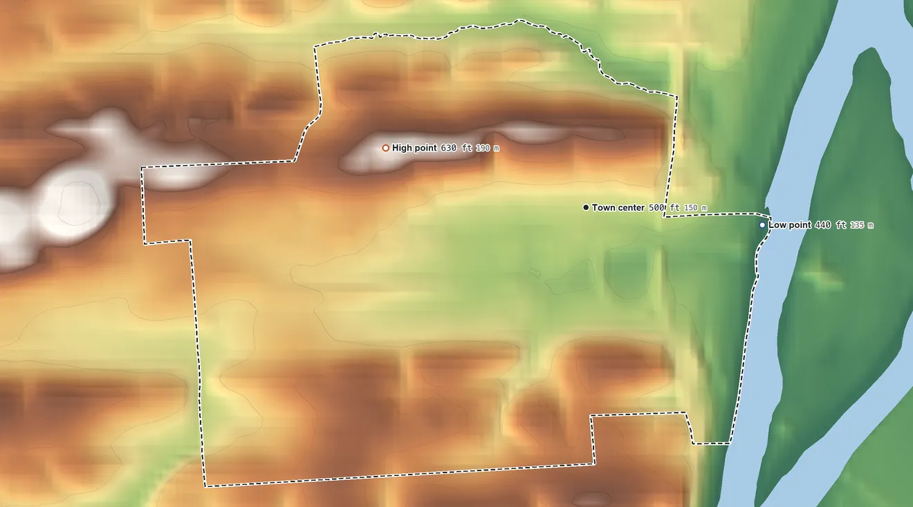 Topographic elevation map of West Milton, Pennsylvania, shaded from 440 ft on the east side to 630 ft on the west side