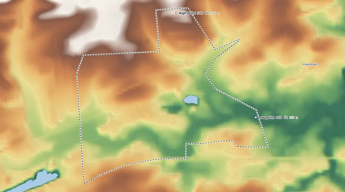 Topographic elevation map of West Myerstown, Pennsylvania, shaded from 440 ft on the southeast side to 540 ft on the north side