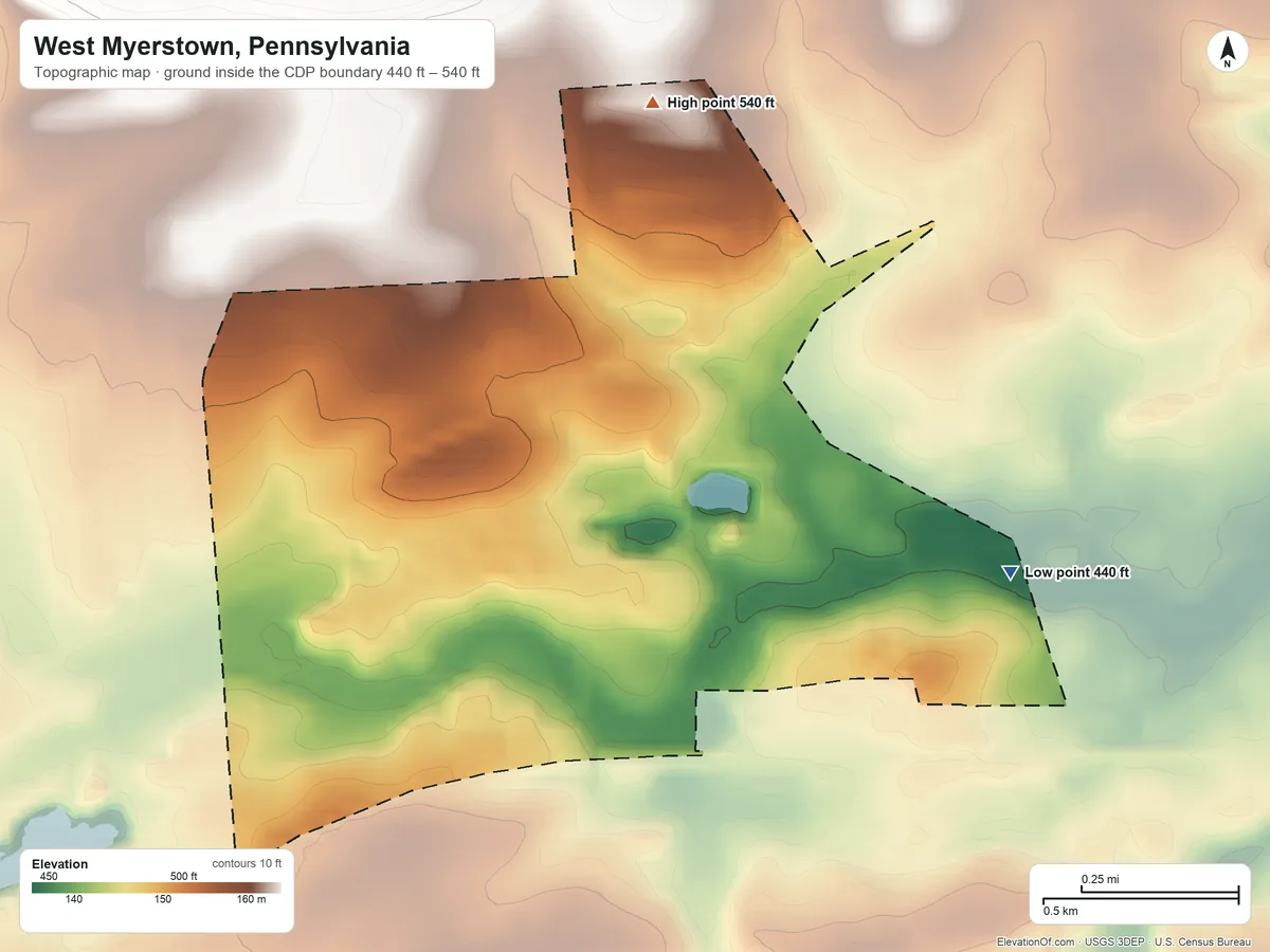 Topographic elevation map of West Myerstown, Pennsylvania, shaded from 440 ft on the southeast side to 540 ft on the north side