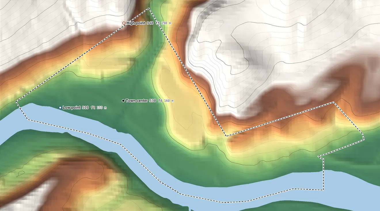 Topographic elevation map of West Nanticoke, Pennsylvania, shaded from 510 ft on the west side to 940 ft on the north edge, below higher ground just outside