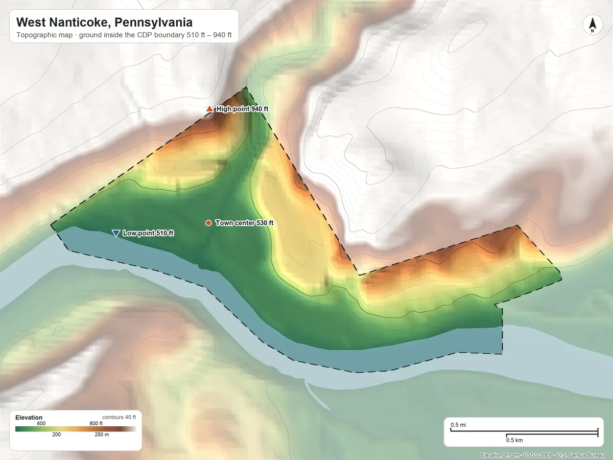 Topographic elevation map of West Nanticoke, Pennsylvania, shaded from 510 ft on the west side to 940 ft on the north edge, below higher ground just outside