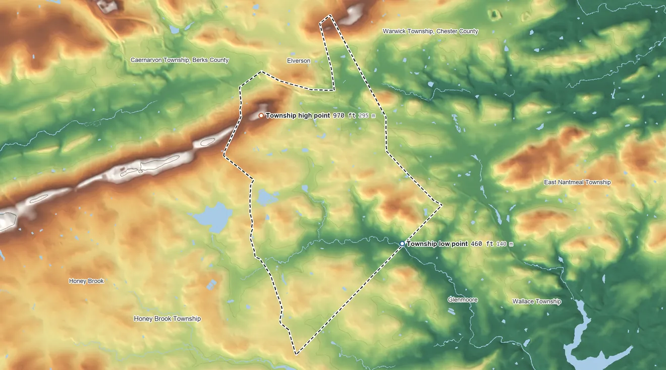 Topographic elevation map of West Nantmeal Township, Pennsylvania, shaded from 460 ft on the southeast side to 970 ft on the northwest side