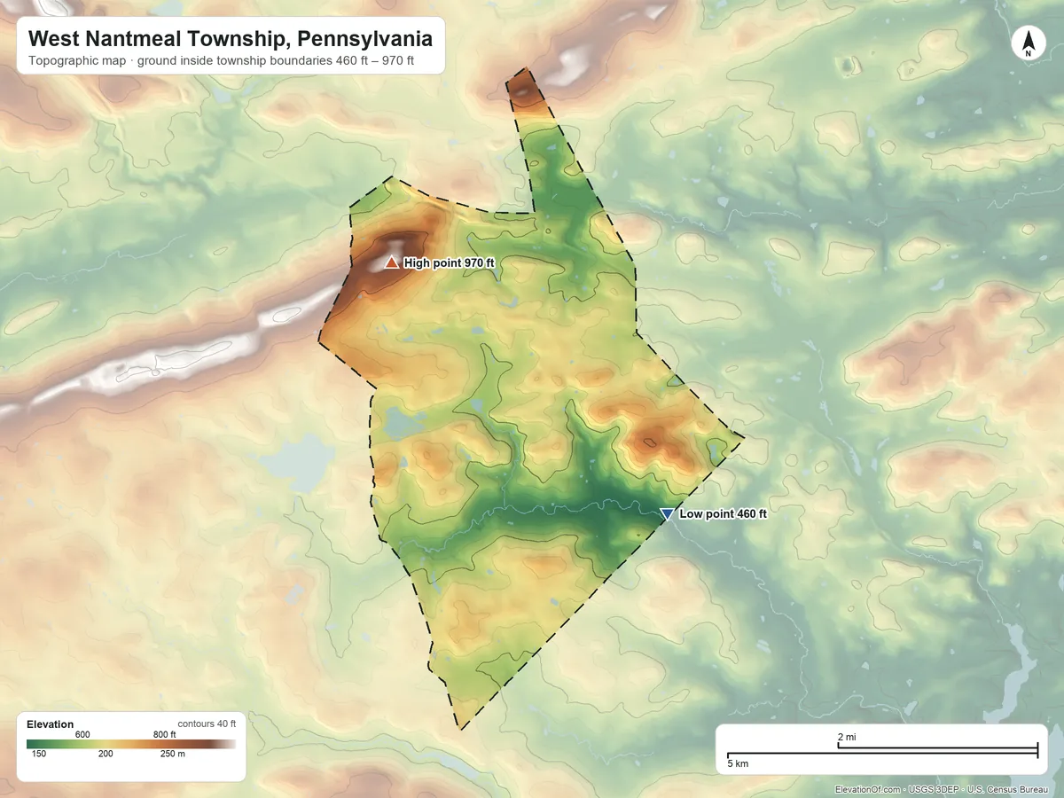 Topographic elevation map of West Nantmeal Township, Pennsylvania, shaded from 460 ft on the southeast side to 970 ft on the northwest side