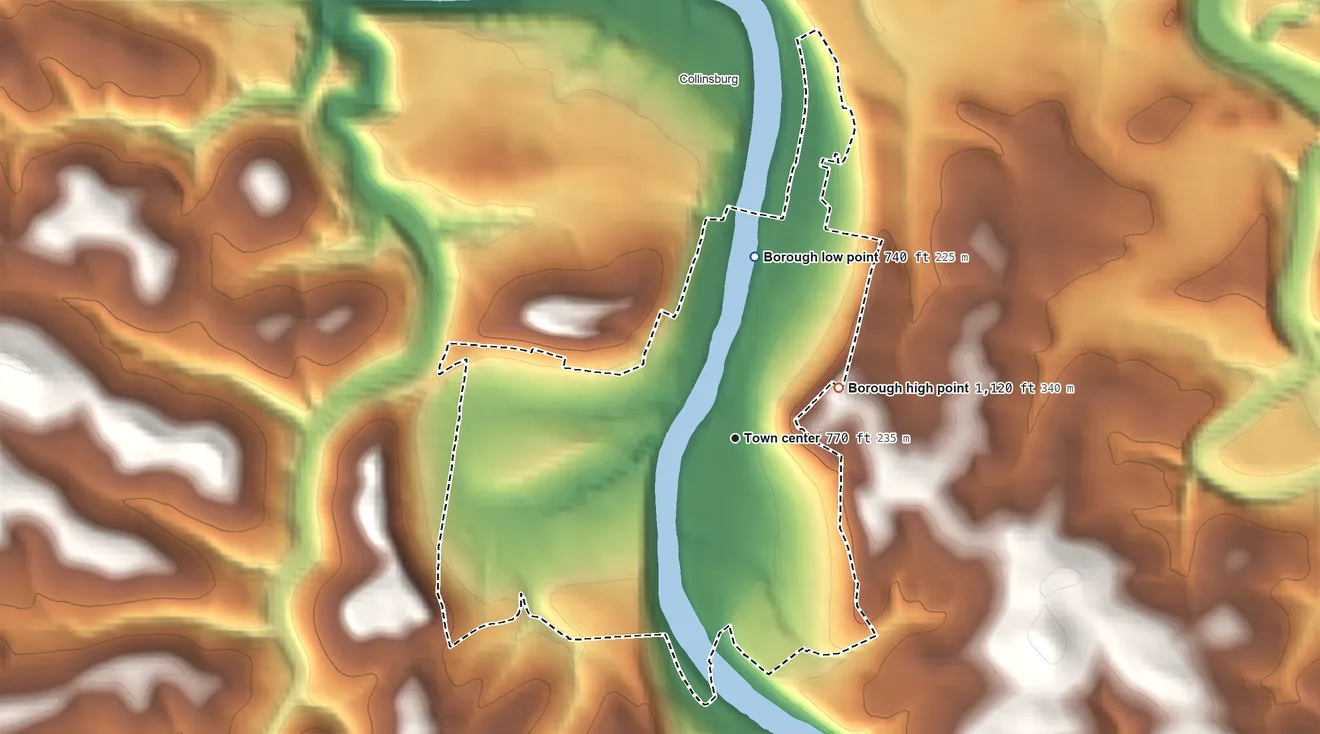 Topographic elevation map of West Newton, Pennsylvania, shaded from 740 ft on the north side to 1,120 ft on the northeast side