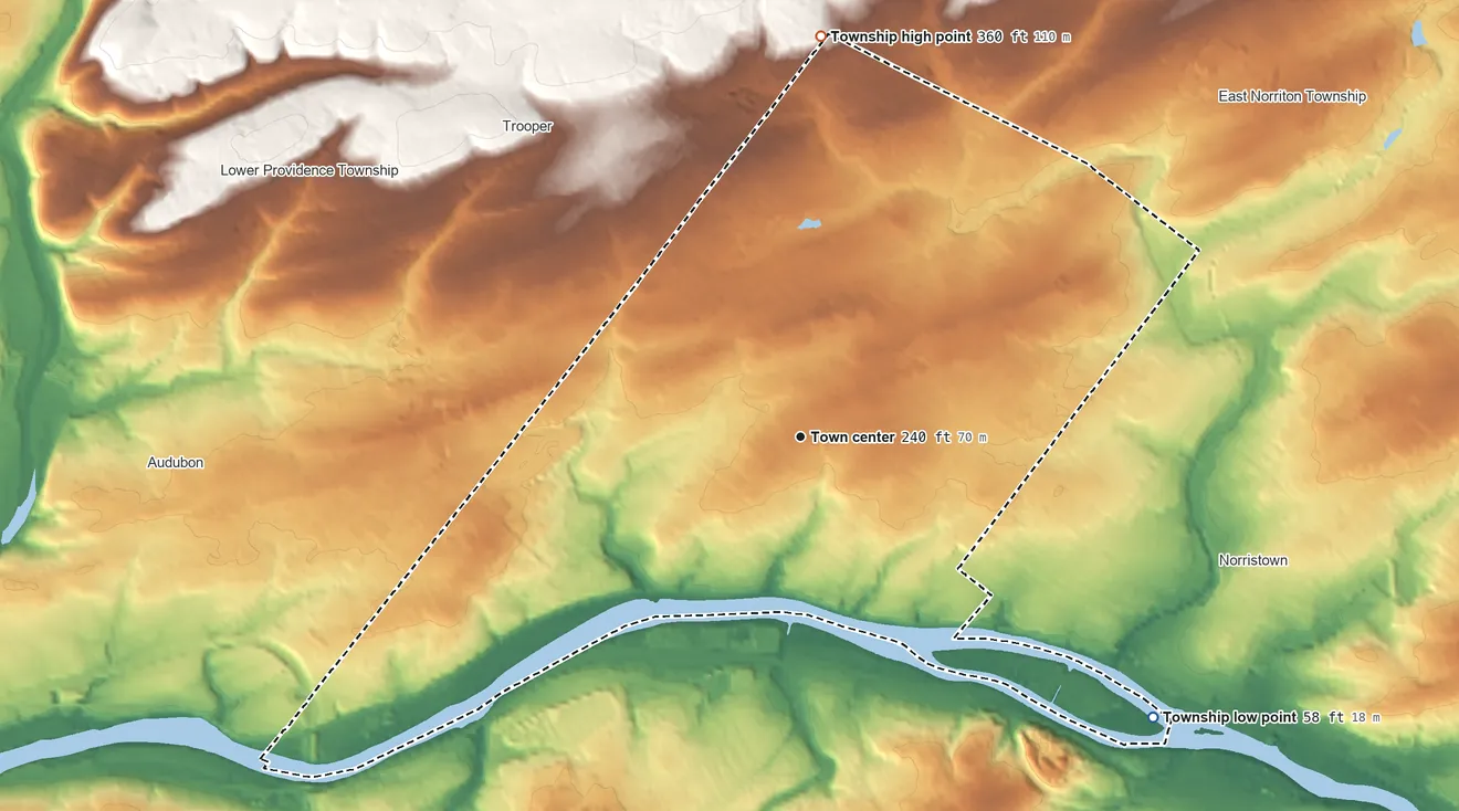 Topographic elevation map of West Norriton Township, Pennsylvania, shaded from 58 ft on the southeast side to 360 ft on the north side