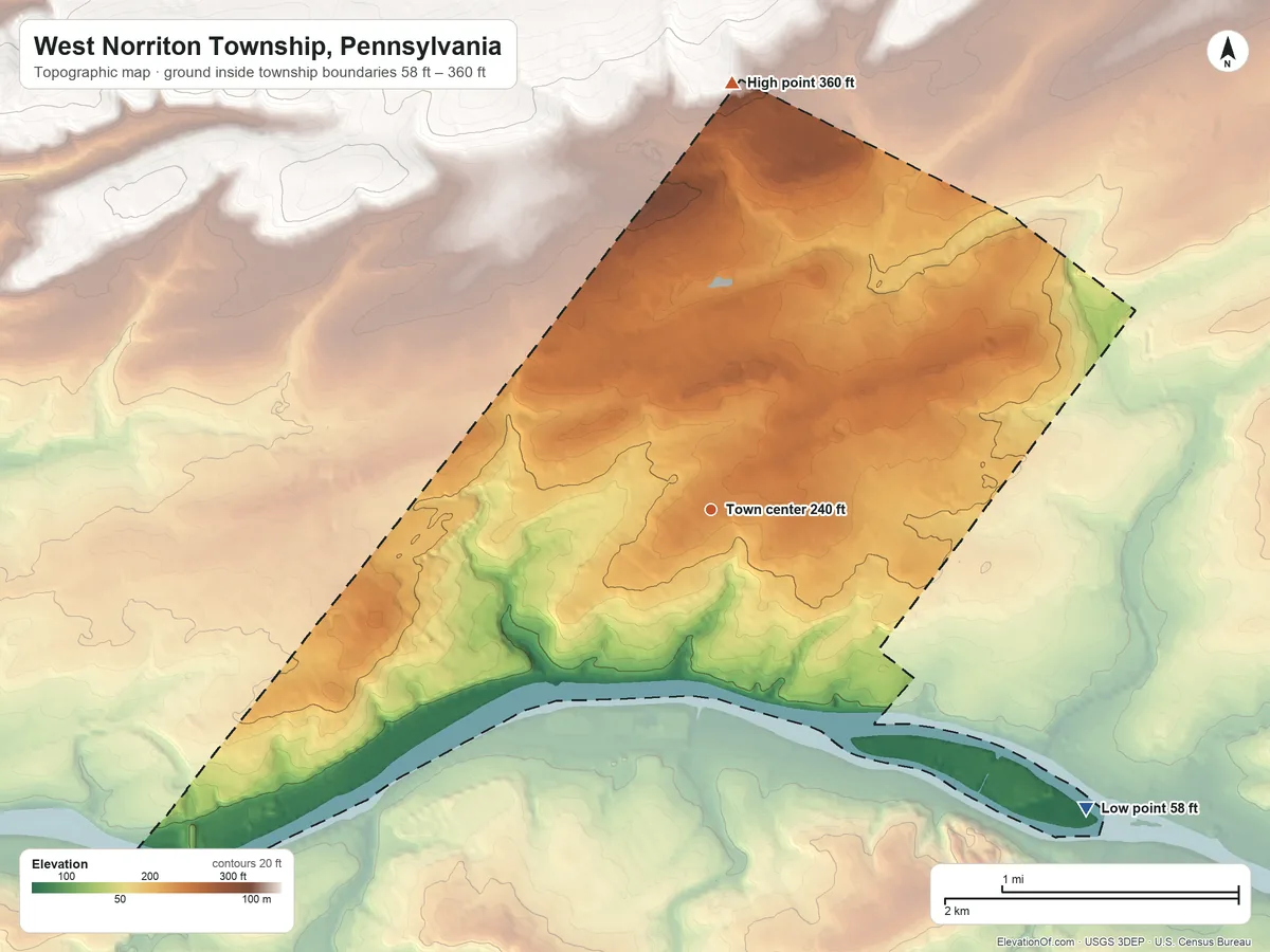 Topographic elevation map of West Norriton Township, Pennsylvania, shaded from 58 ft on the southeast side to 360 ft on the north side