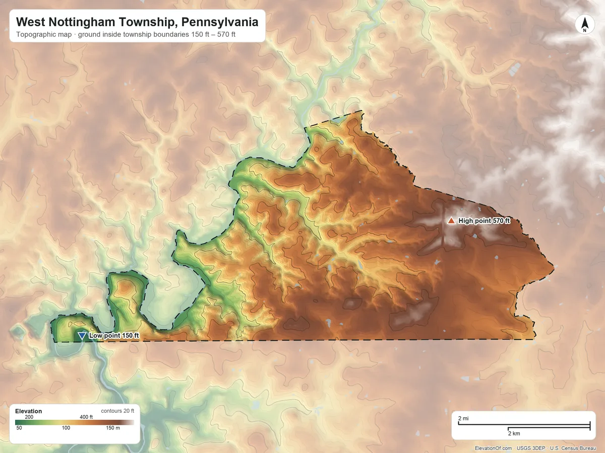 Topographic elevation map of West Nottingham Township, Pennsylvania, shaded from 150 ft on the west side to 570 ft on the east side