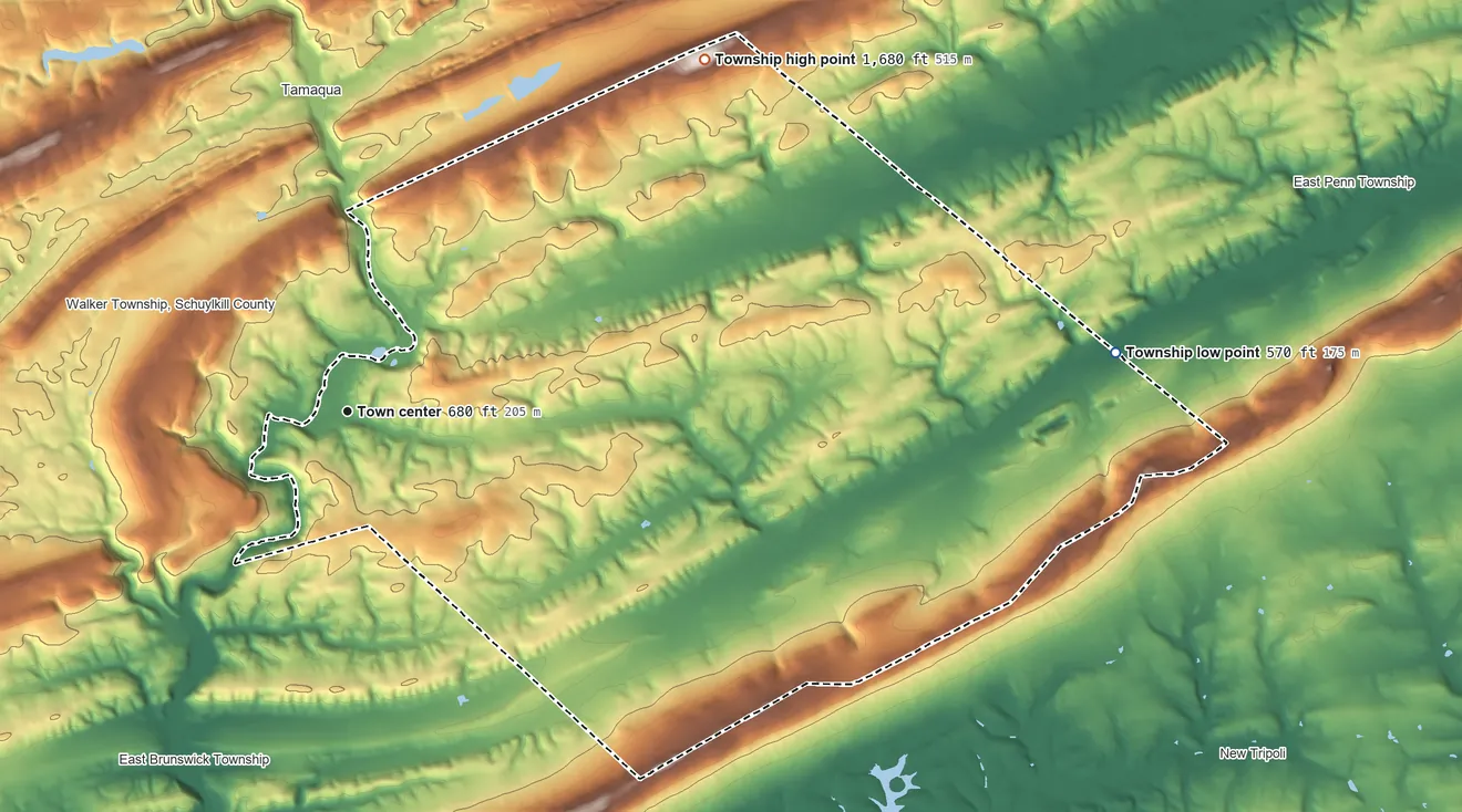Topographic elevation map of West Penn Township, Pennsylvania, shaded from 570 ft on the east side to 1,680 ft on the northeast side