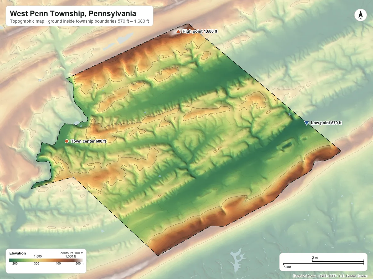 Topographic elevation map of West Penn Township, Pennsylvania, shaded from 570 ft on the east side to 1,680 ft on the northeast side