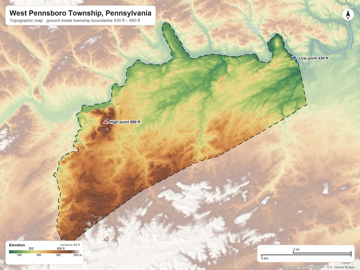 Topographic elevation map of West Pennsboro Township, Pennsylvania, shaded from 430 ft on the northeast side to 660 ft on the west side