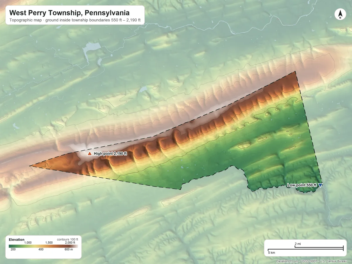 Topographic elevation map of West Perry Township, Pennsylvania, shaded from 550 ft on the east side to 2,190 ft on the west side