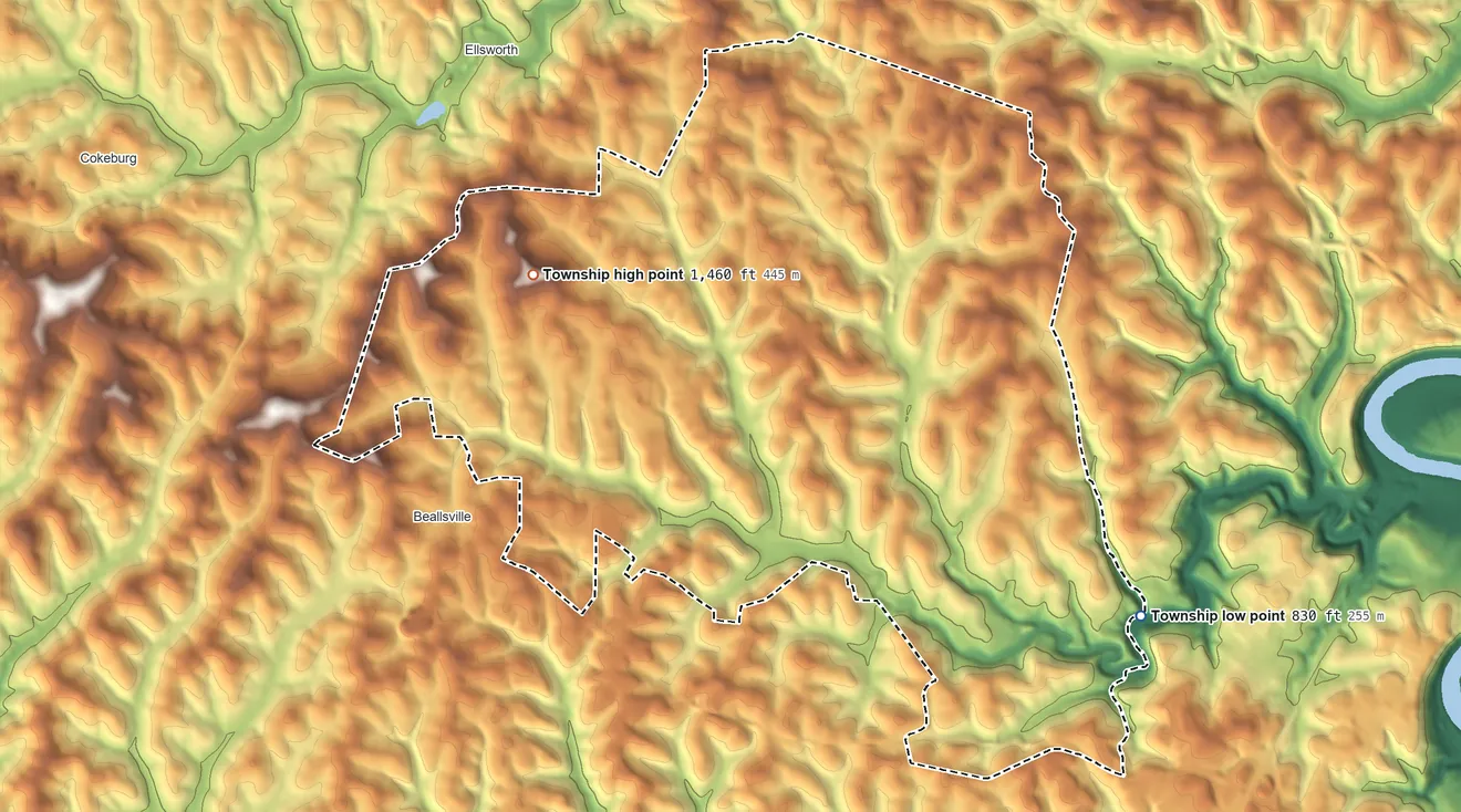 Topographic elevation map of West Pike Run Township, Pennsylvania, shaded from 830 ft on the southeast side to 1,460 ft on the west side
